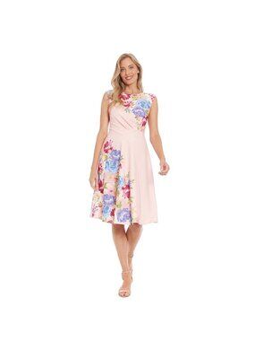 London Times Pink Floral Sleeveless A-Line Dress US 16 Elegant Spring Midi